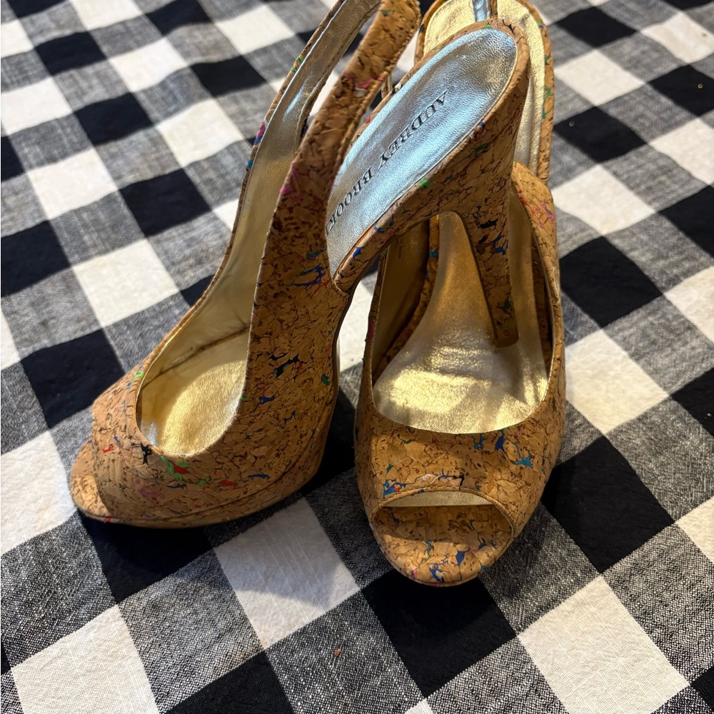 Audrey Brooke Isadora Colorful Cork Peep-Toe Heels